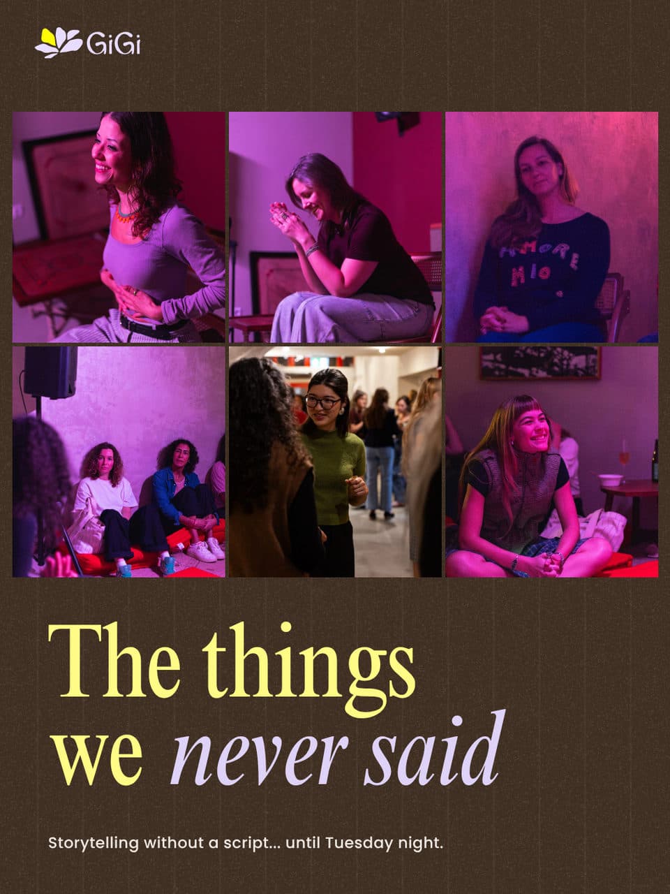 The things we never said. Storytelling without a script. A collage of storytellers in the chair and women listening from red cushions.