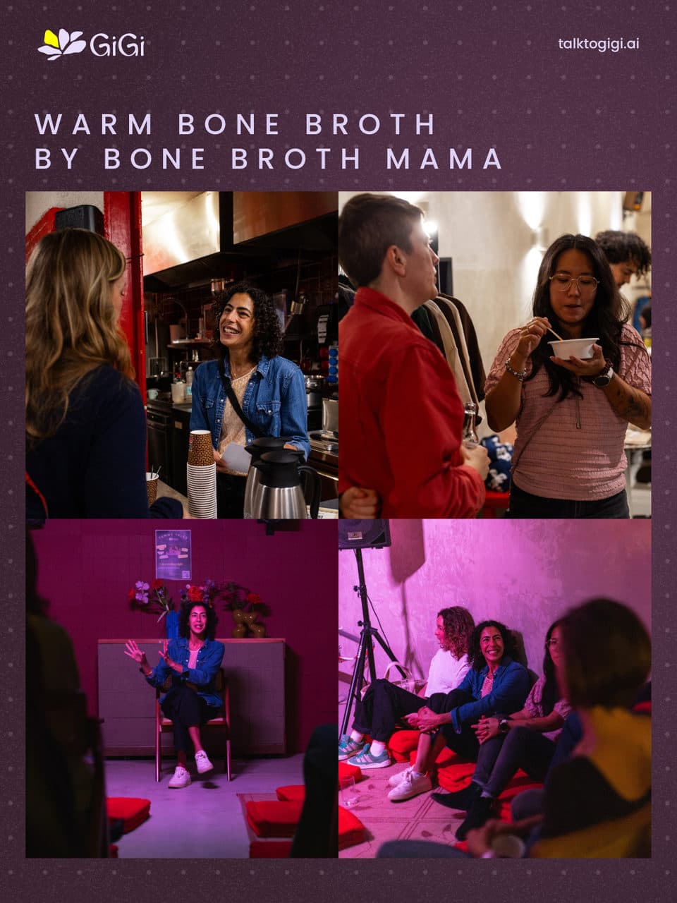 Warm bone broth by Bone Broth Mama. Four photos of Yasmine serving her broth and guests holding their cups.