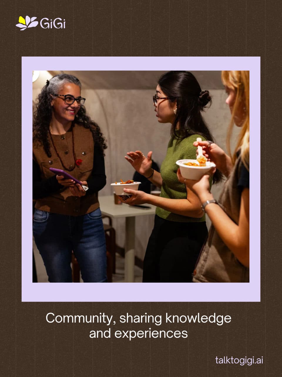 Community, sharing knowledge and experiences. Two women talking over a cup of broth.